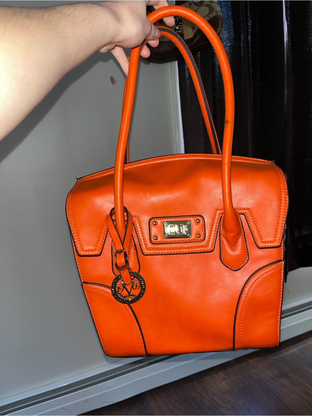 Versace Orange Structured Leather Tote with Gold Hardware